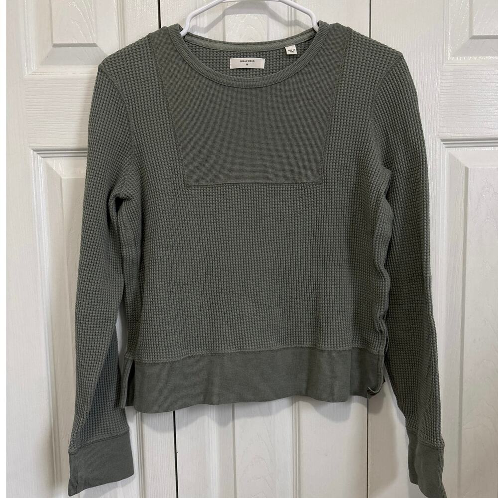Billy Reid Army Green Waffle Knit Fitted Thermal Long Sleeved Cotton Top Medium